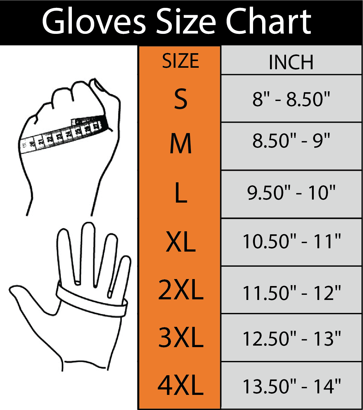 Size chart for unisex rebel flag fingerless motorcycle gloves.