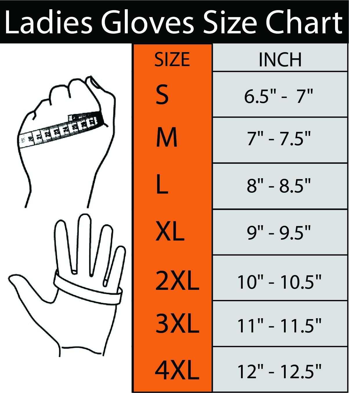 Size chart for women's leather motorcycle gloves with pink embroidery.