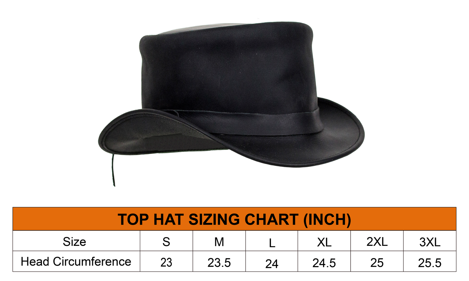 Size chart for men's deadman leather top hat.