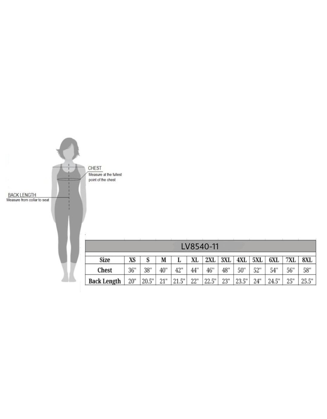 Size chart for women's leather motorcycle vest with bling zipper.