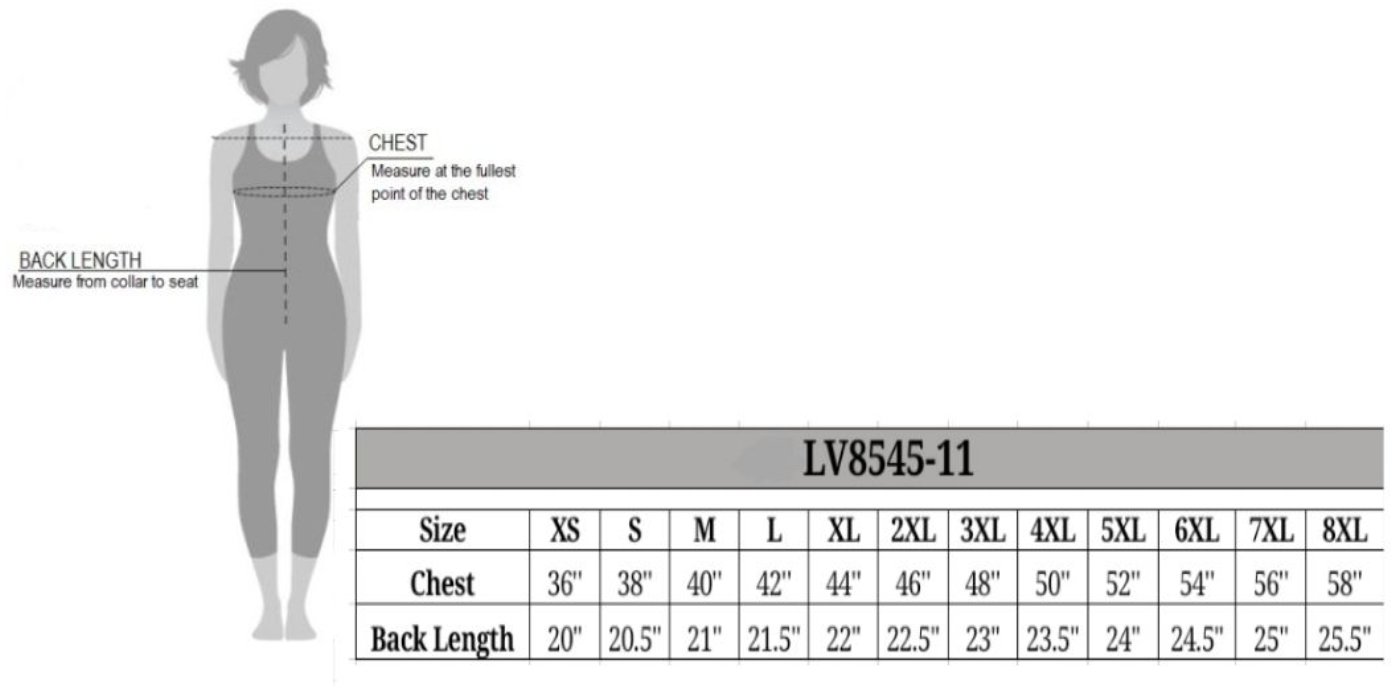 Size chart for women's leather vest with zippers.