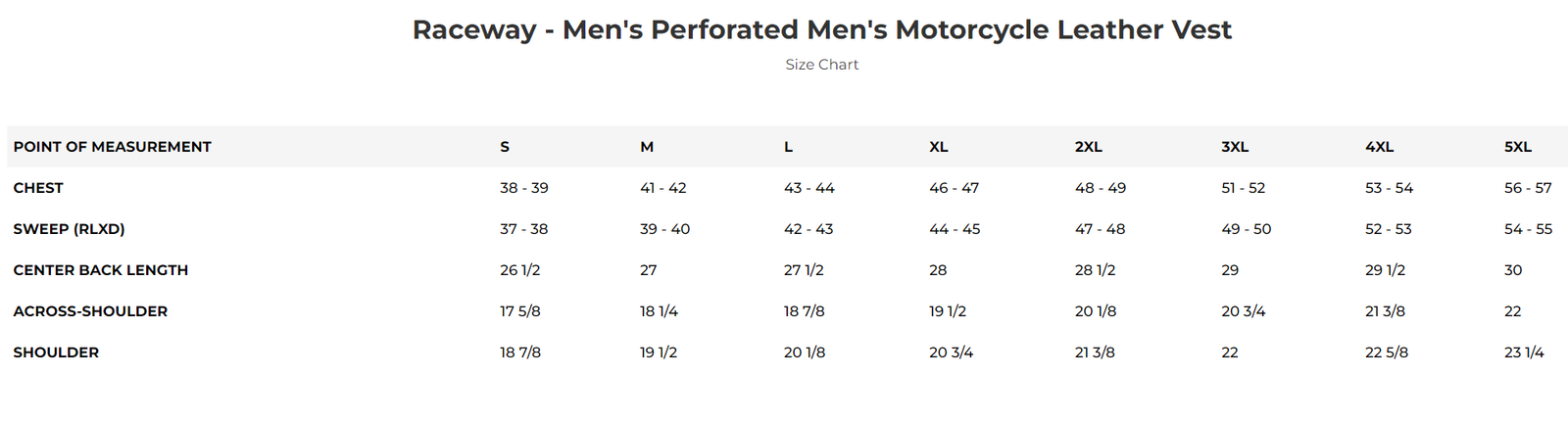 Size chart for Raceway men's leather vest.