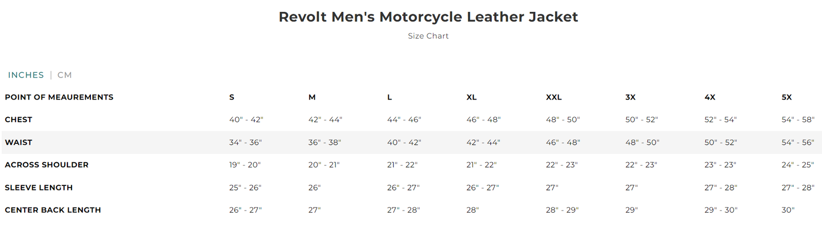 Size chart for men's Revolt leather motorcycle jacket.