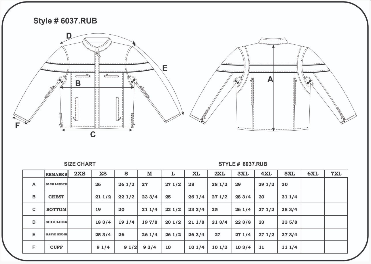 Size chart for men's distressed brown leather motorcycle jacket.