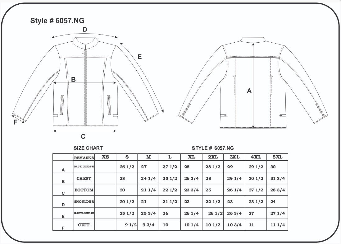 Size chart for men's leather biker jacket.