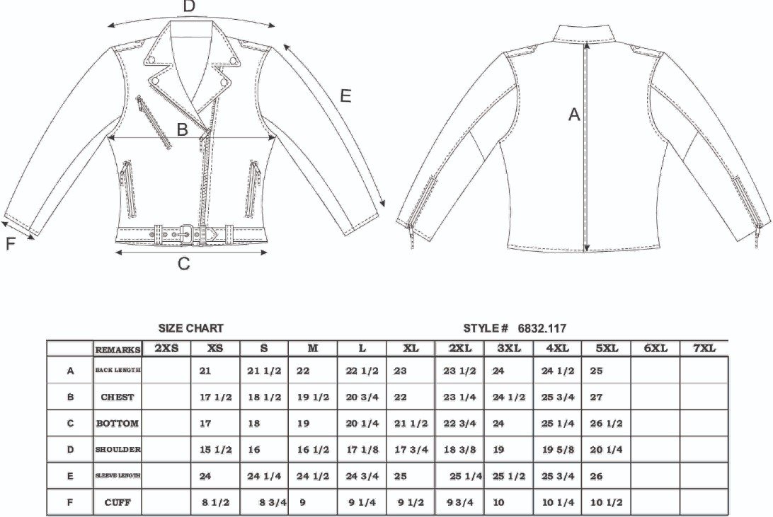 Size chart for women's purple leather motorcycle jacket.