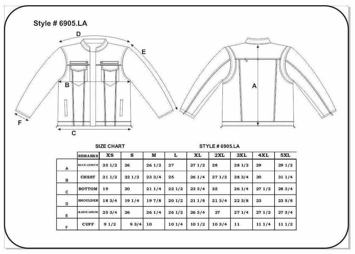 Size chart for men's distressed gray leather jacket with hoodie.