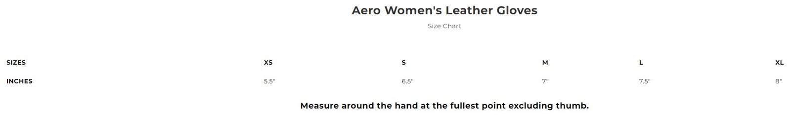 Size chart for Aero women's leather gauntlet motorcycle gloves.