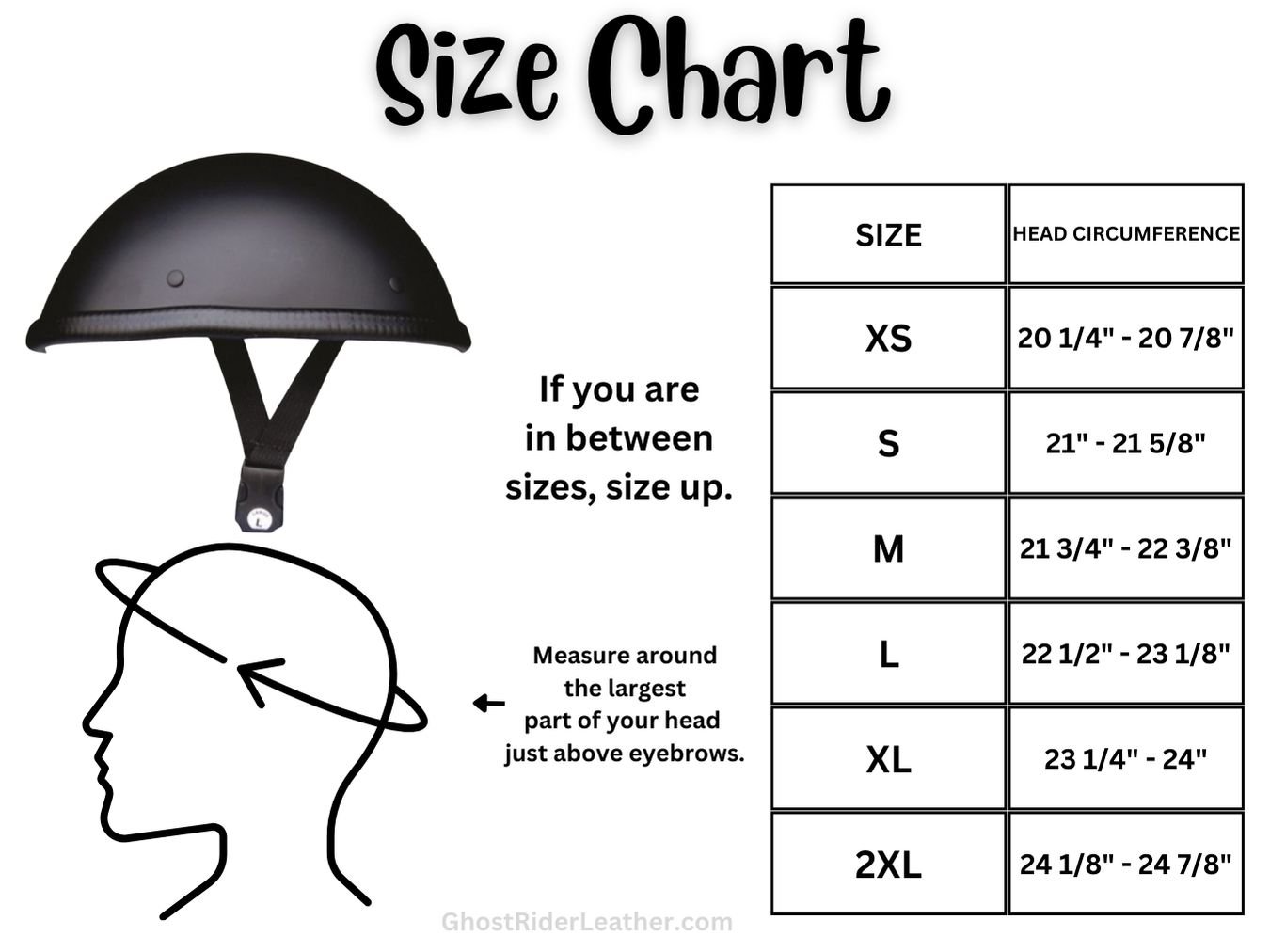 Size chart for Novelty Helmets at Ghost Rider Leather.