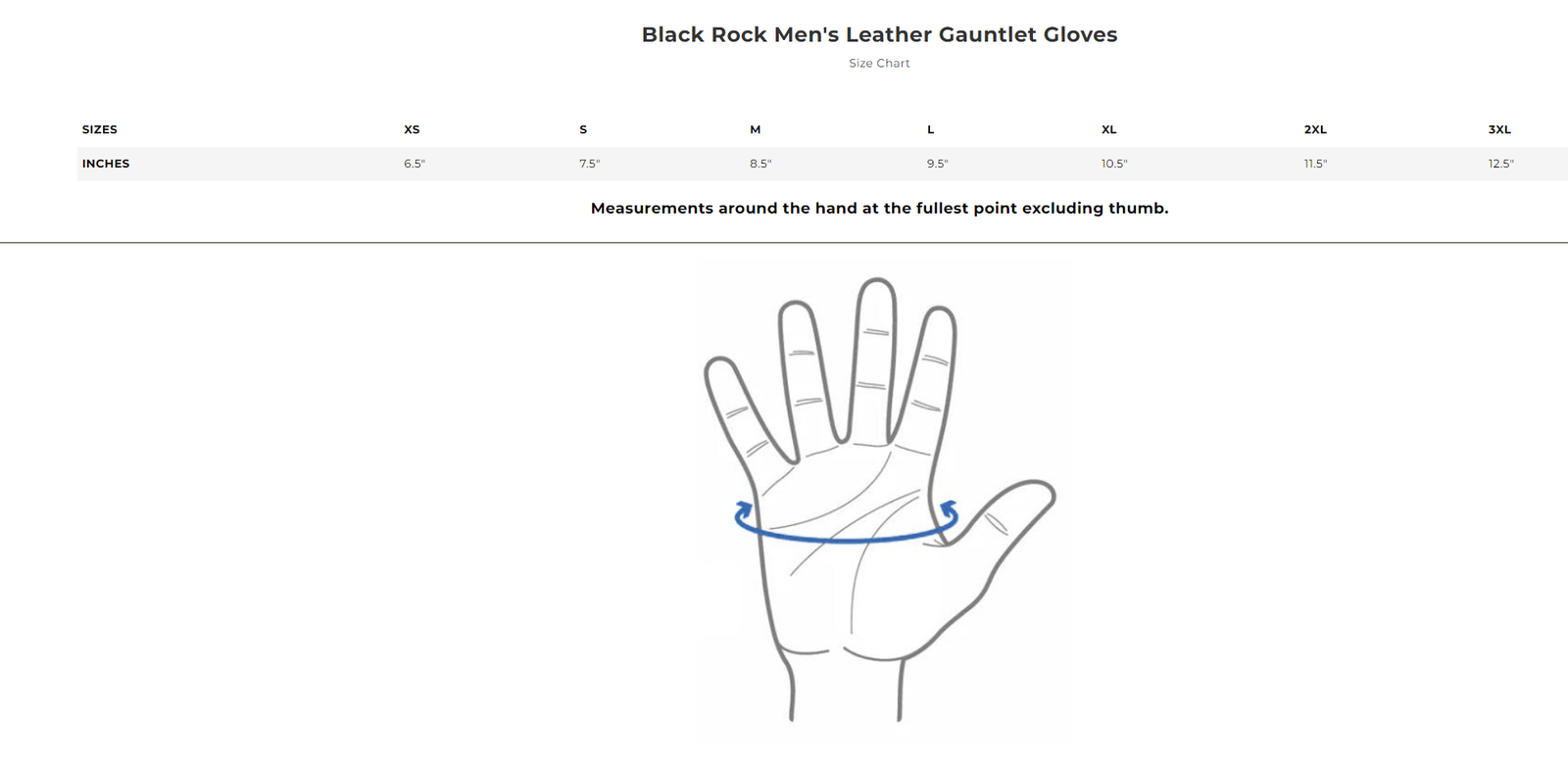 Size chart for Black Rock men's leather gauntlet gloves.