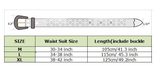 Size chart for Bling Belts.