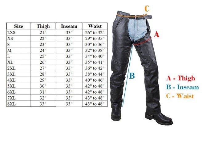 Size chart for brown leather motorcycle chaps.