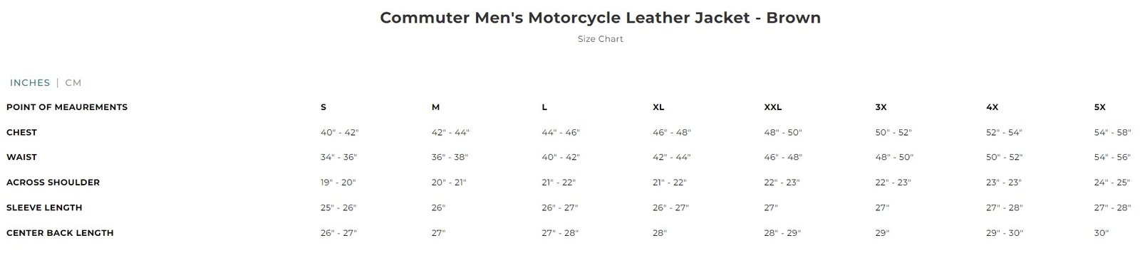 Size chart for men's brown leather motorcycle jacket.