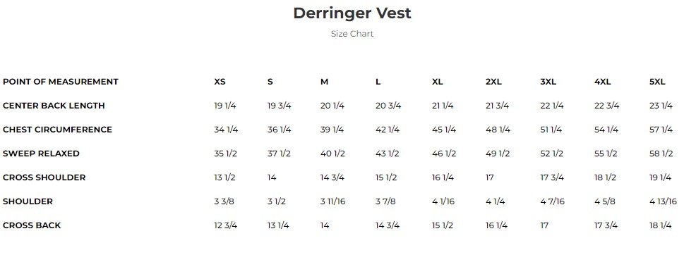 Size chart for Derringer women's leather motorcycle vest.