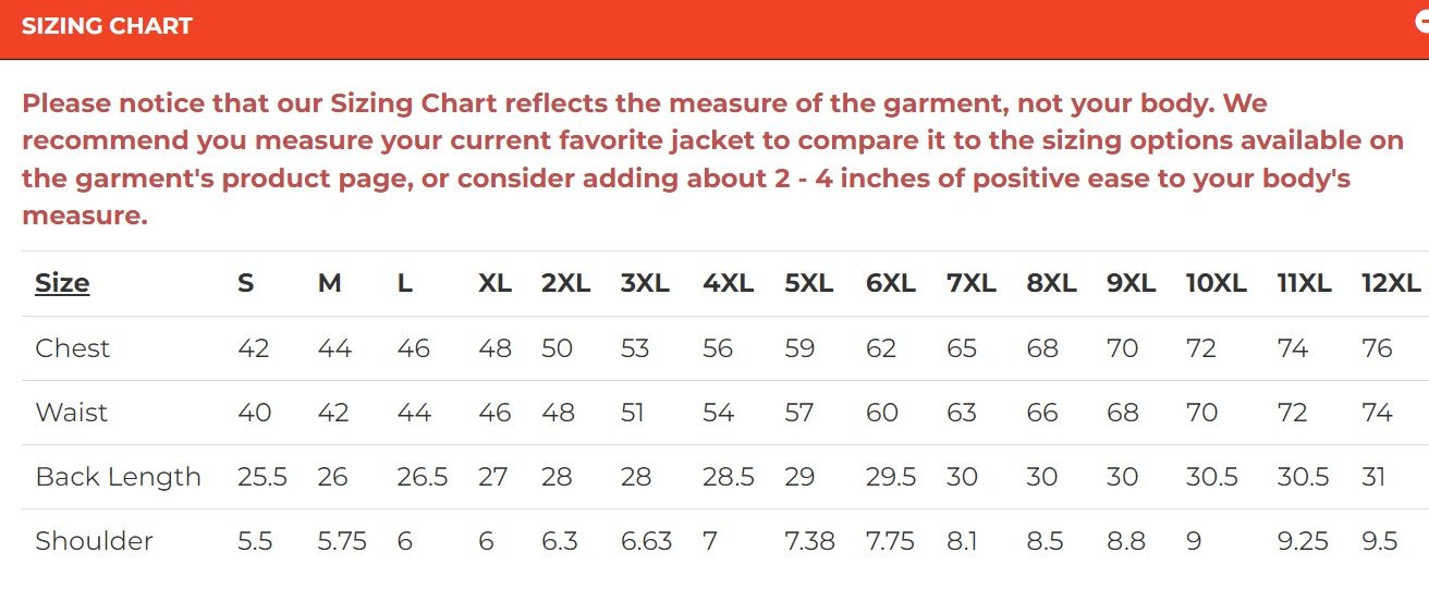 Size chart for men's leather biker vest.