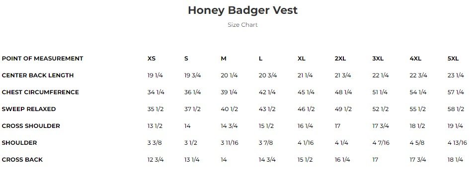 Size chart for Honey Badger women's leather motorcycle vest.