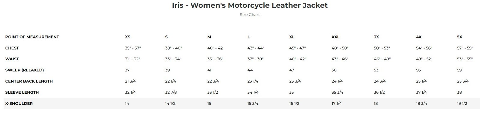Size chart for IRIS, women's leather motorcycle jacket with purple.
