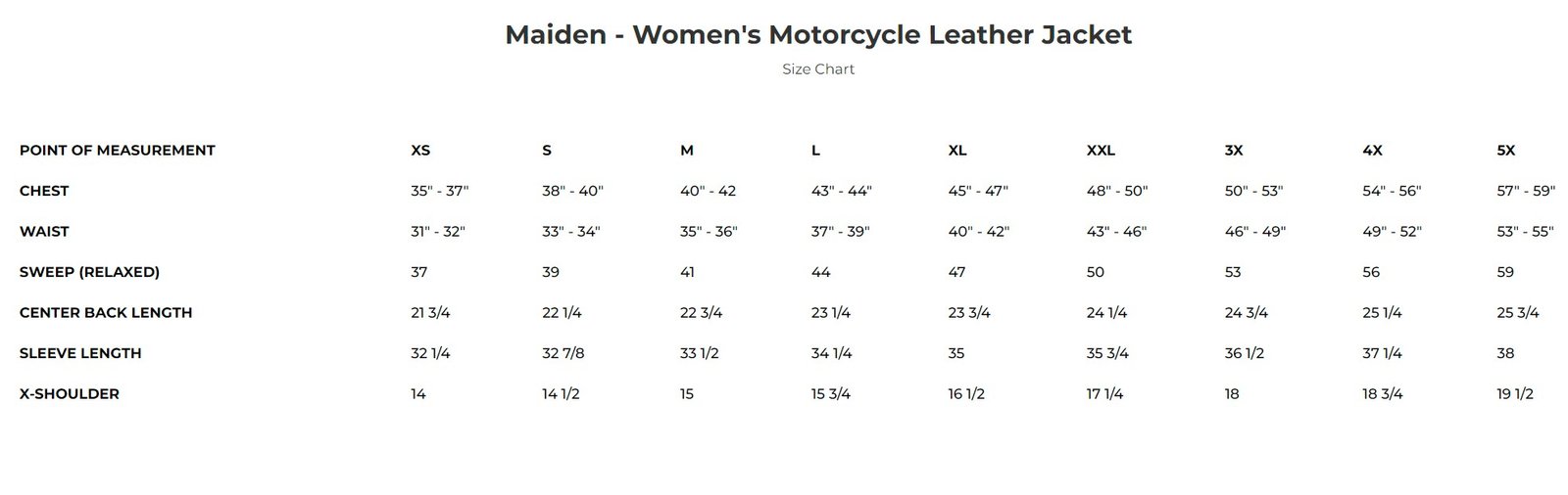 Size chart for women's Maiden leather jacket.