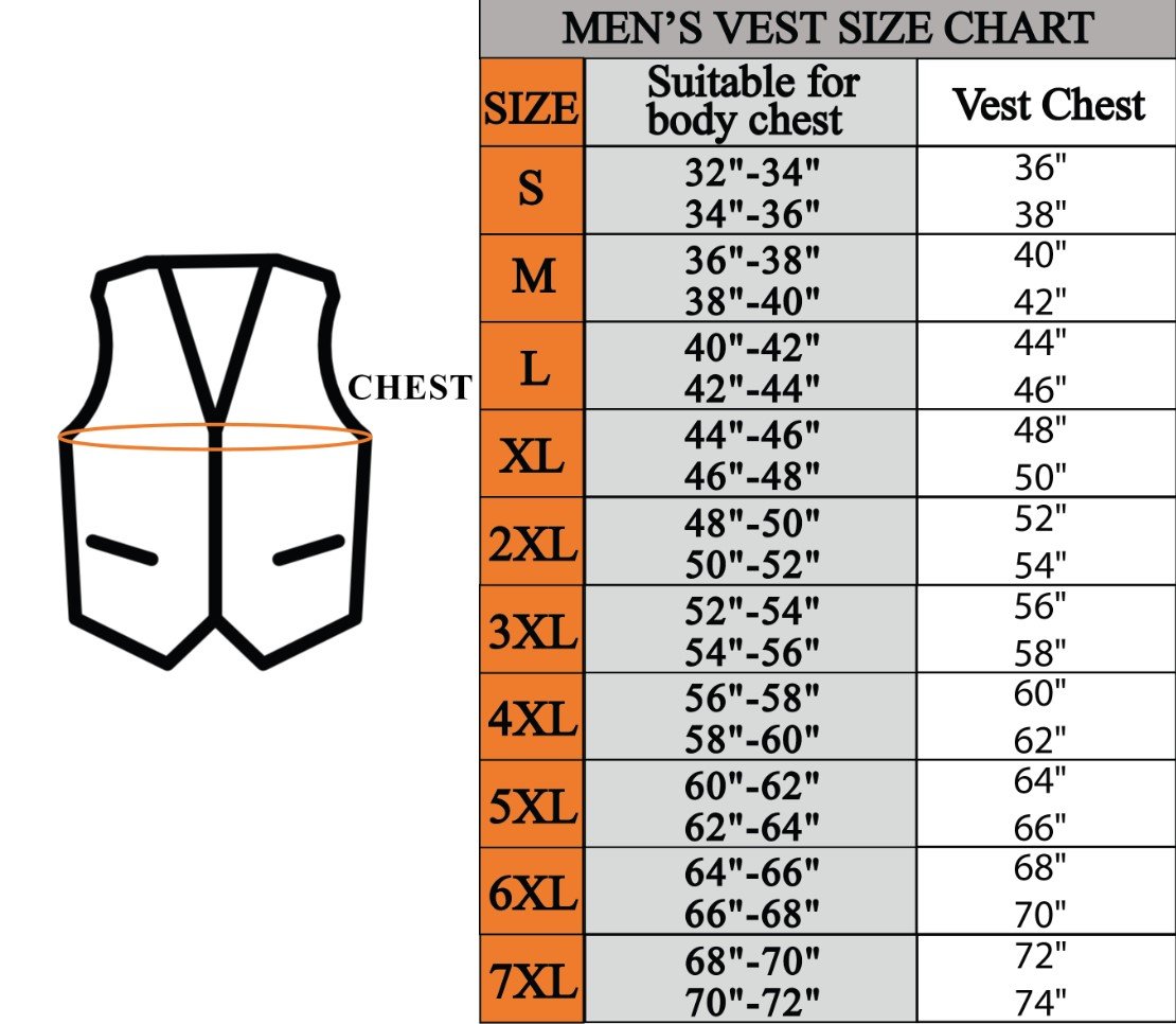 Size chart for men's black denim motorcycle club vest.