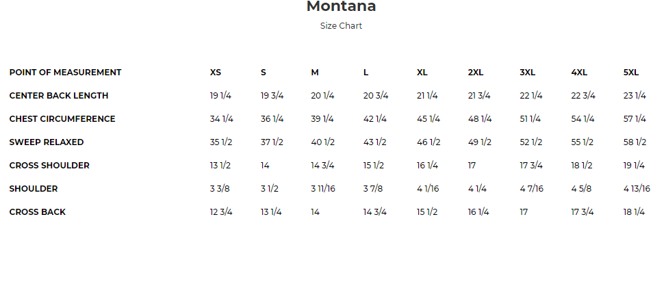 Size chart for Montana women's leather motorcycle vest.