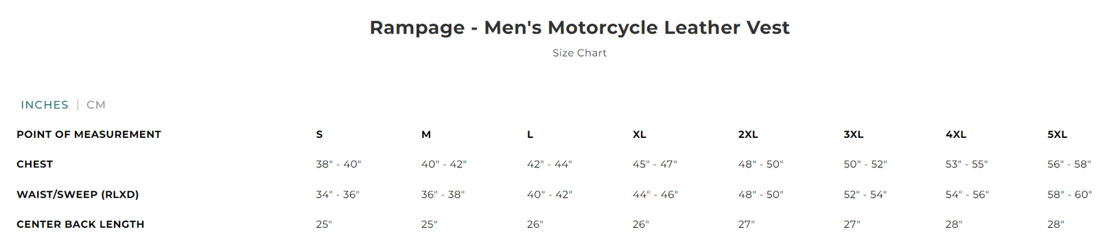 Size chart for Rampage, men's leather biker vest.