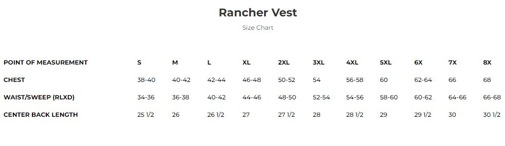 Size chart for Rancher men's leather western vest.