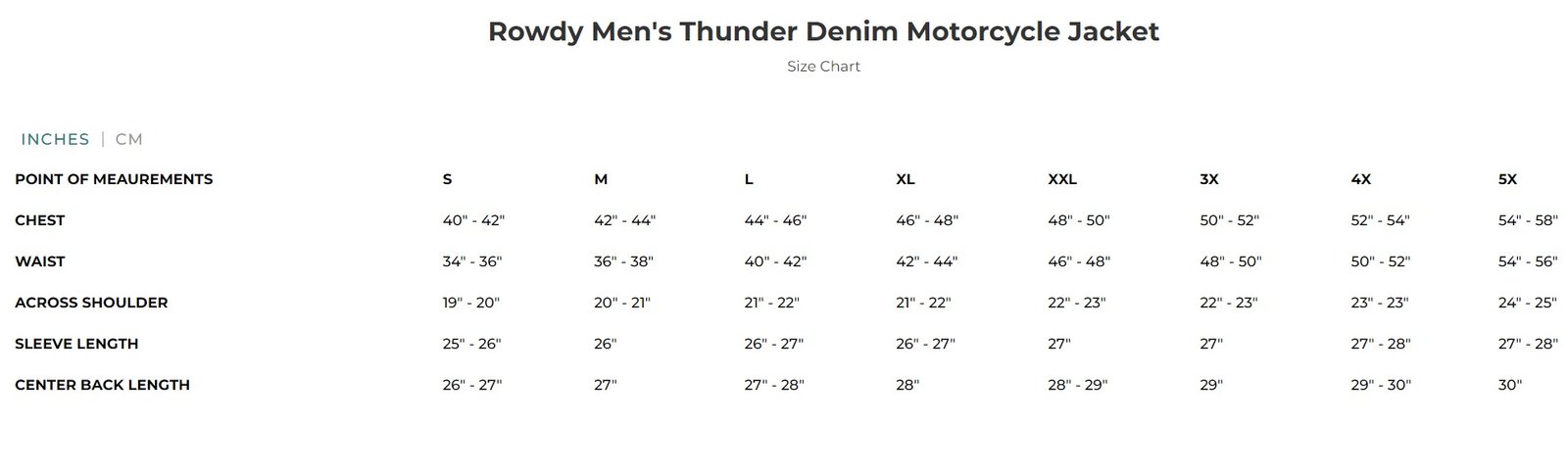 Size chart for men's thunder denim motorcycle jacket.