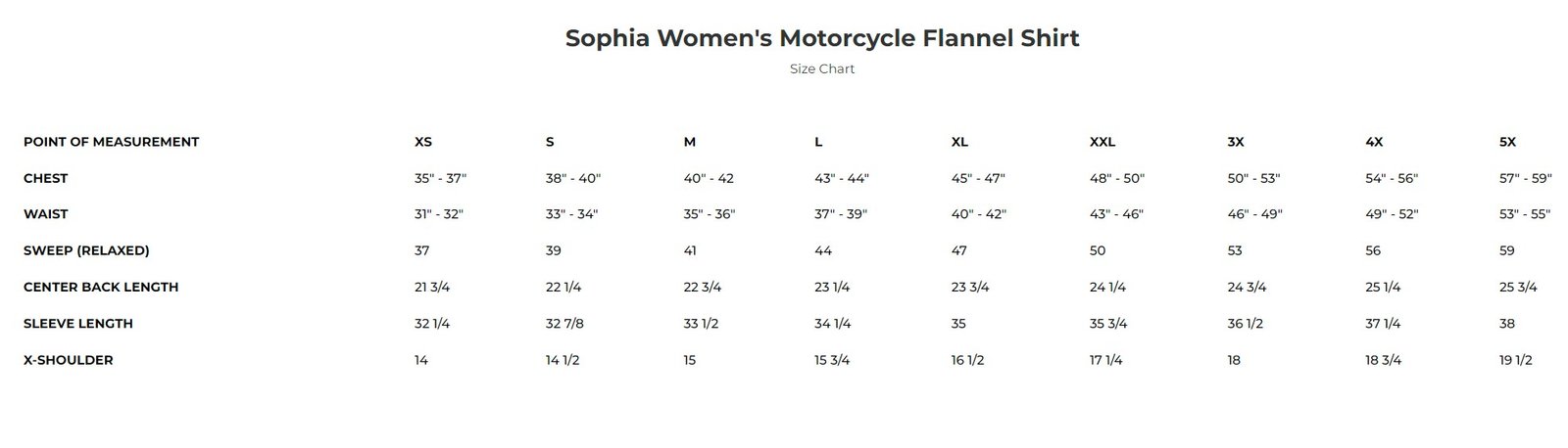 Size chart for Sophia, Women's flannel shirt.