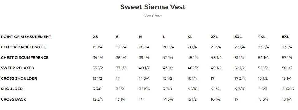 Size chart for Sweet Sienna women's leather motorcycle vest.