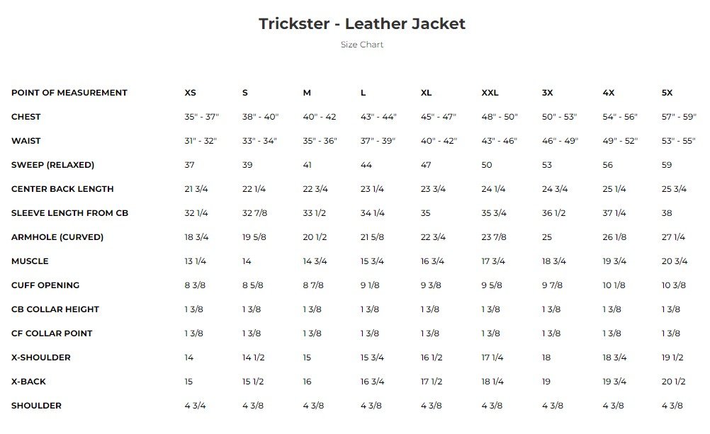 Size chart for women's Trickster leather motorcycle jacket.