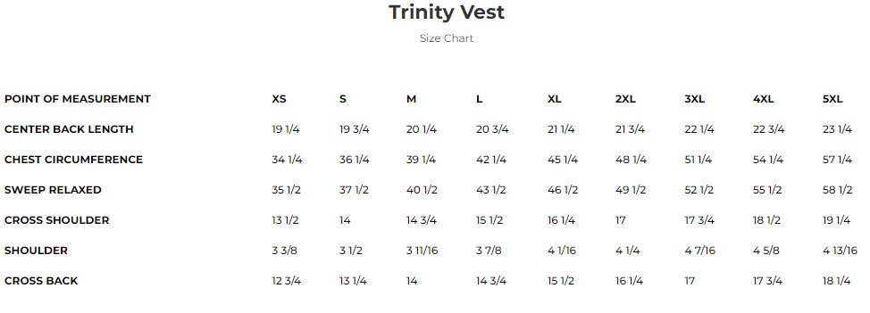 Size chart for Trinity women's leather motorcycle vest.
