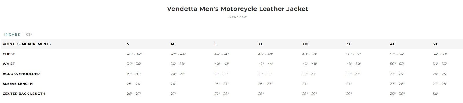 Size chart for Vendetta, men's leather motorcycle jacket.
