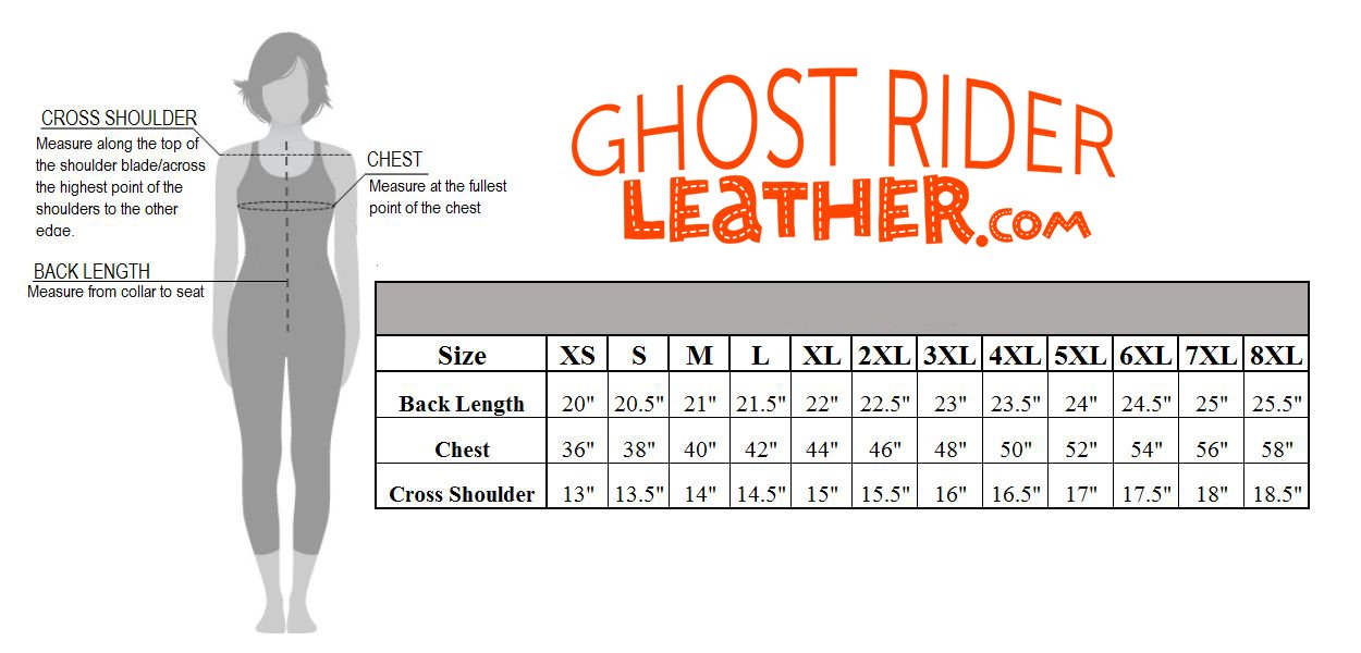 Size chart for women's leather vest with concealed gun pockets.