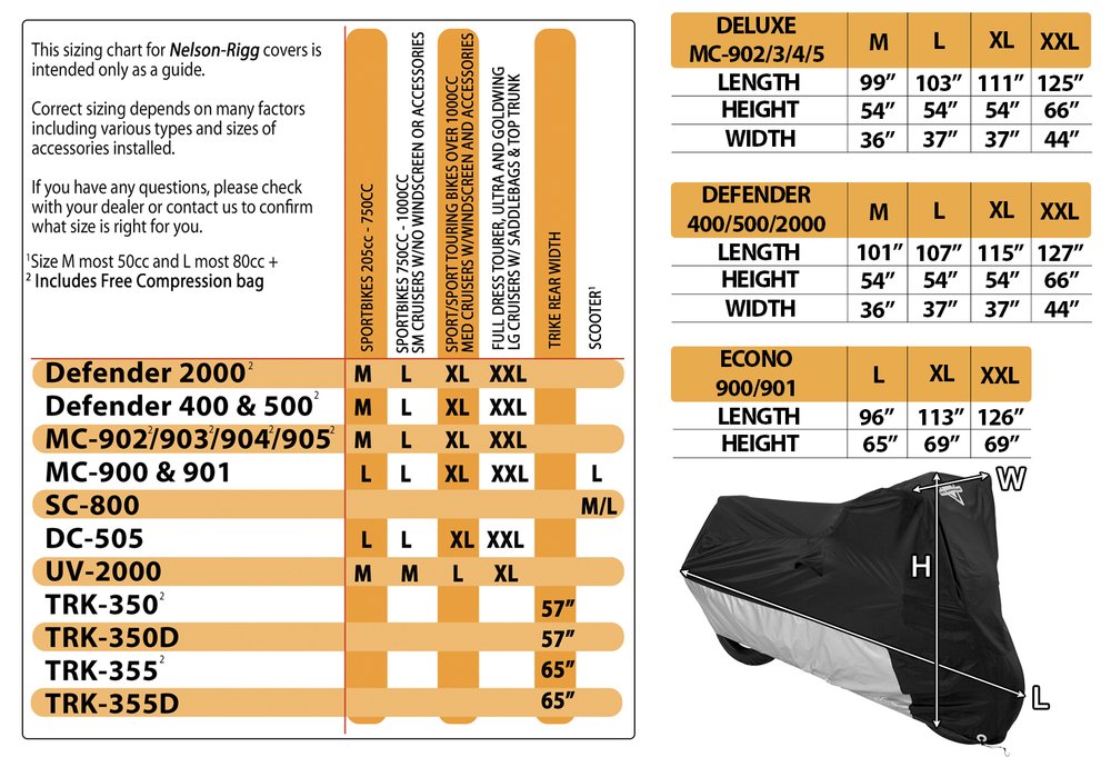 Size chart for motorcycle covers