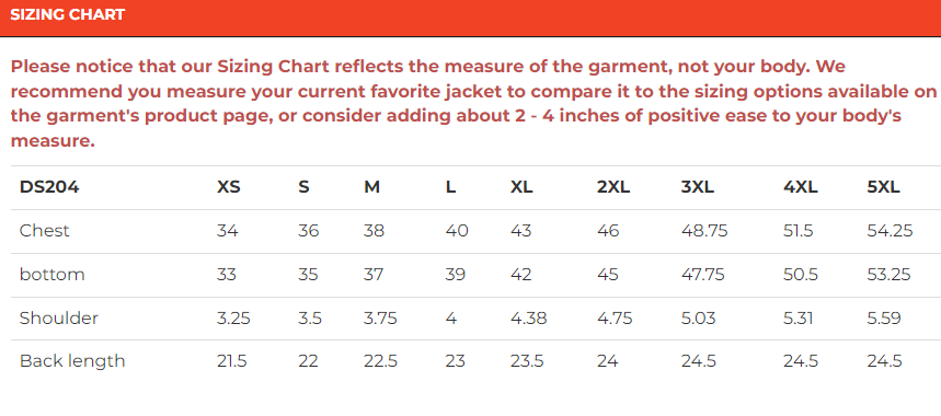 Size chart for women's leather motorcycle vest