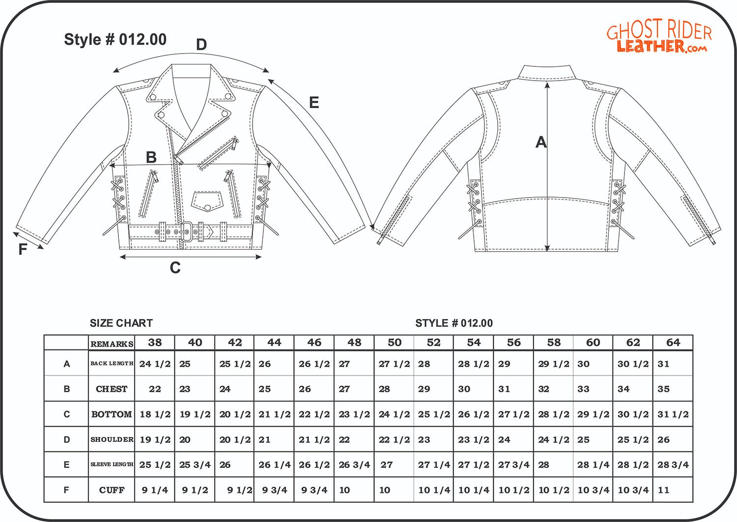 Size chart for men's leather motorcycle jacket with side laces.