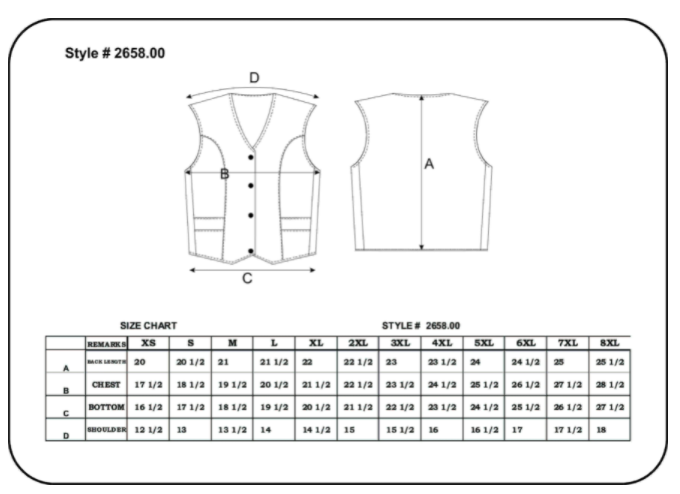 Size chart for women's plain side leather motorcycle vest