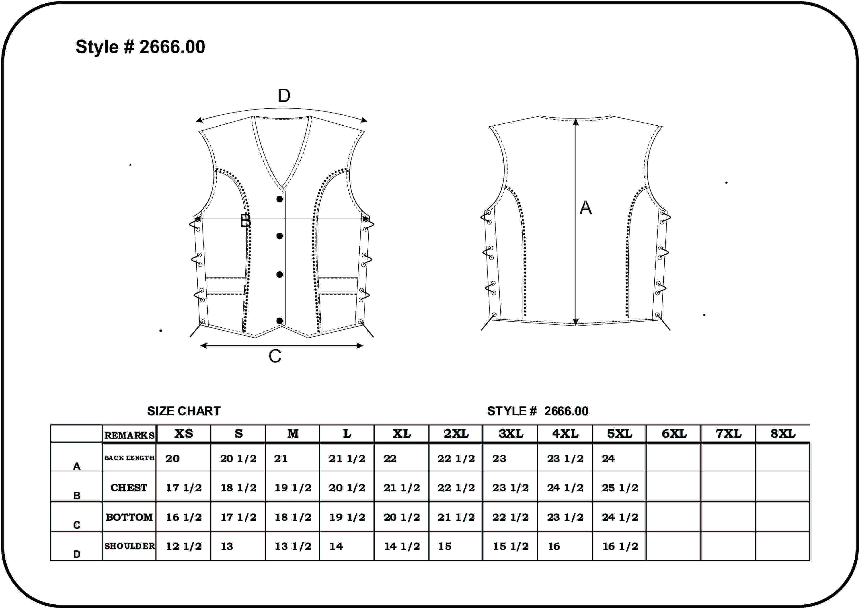 Size Chart for Women's Studded Leather Motorcycle Vest.