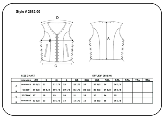 Size chart for women's leather motorcycle vest with grommets design.