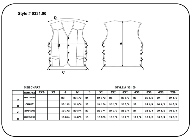 Size Chart for Men's Big and Tall Leather Vest