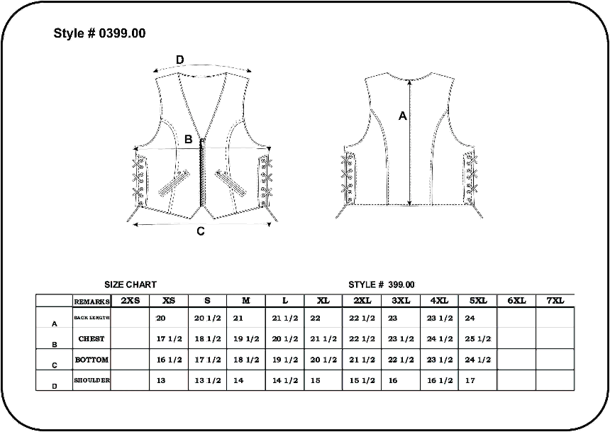 Size Chart for Women's Leather Zipper Vest.