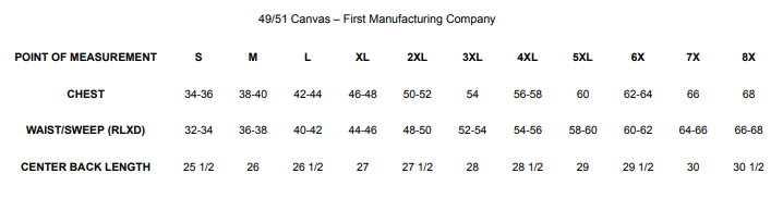 Size Chart for 49/51 Canvas (no collar) | Men's Motorcycle Vest - FIM4951CNV-N