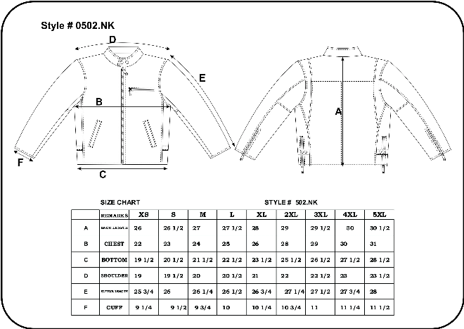 Size chart for men's leather motorcycle jacket.