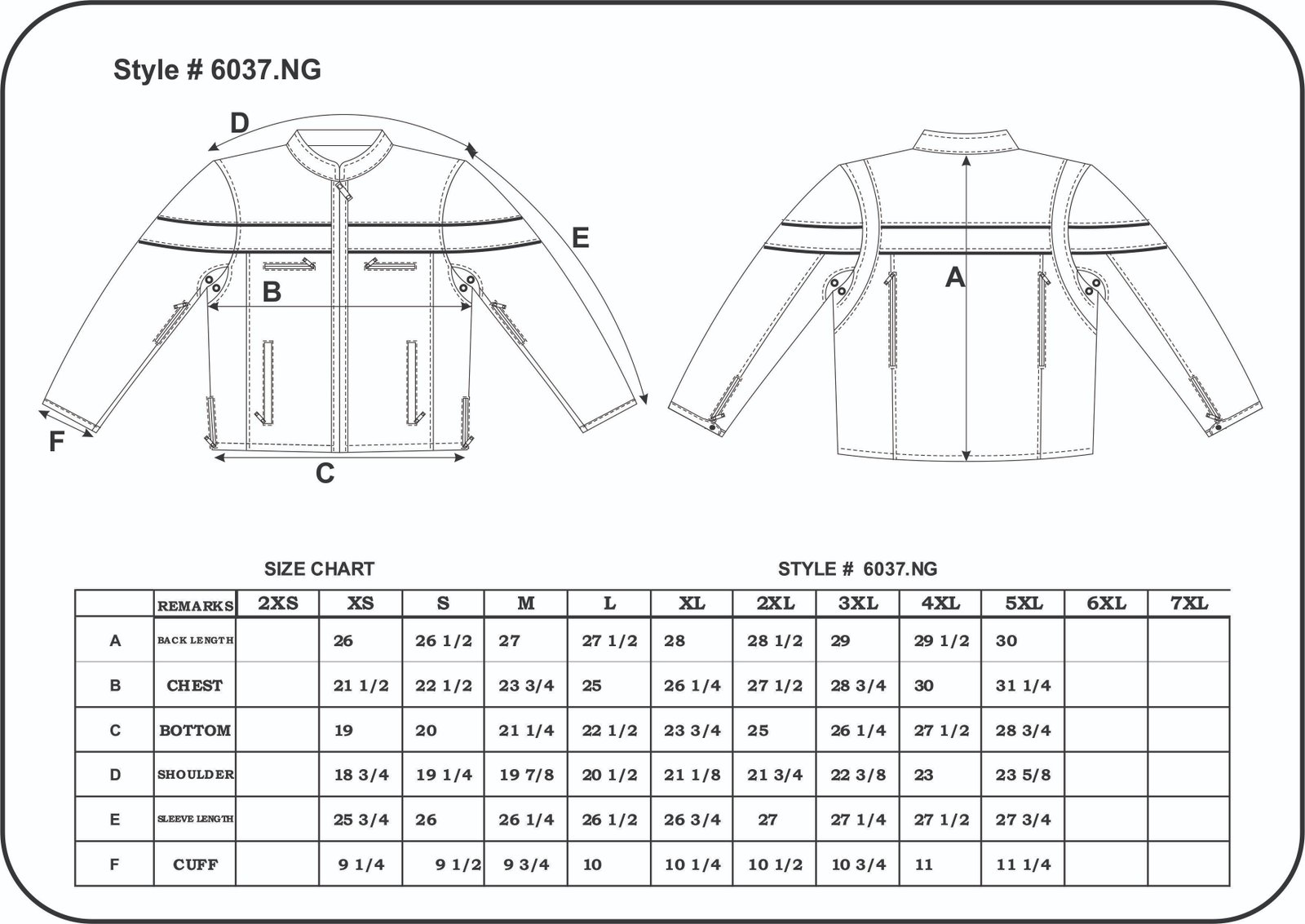 Size chart for men's leather motorcycle jacket.