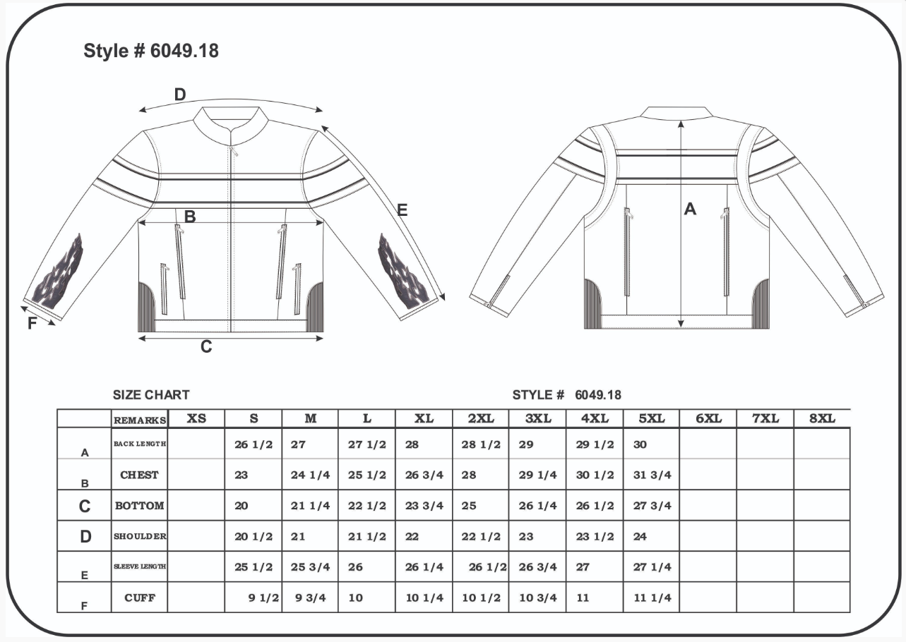 Size chart for men's leather motorcycle jacket with orange detail.