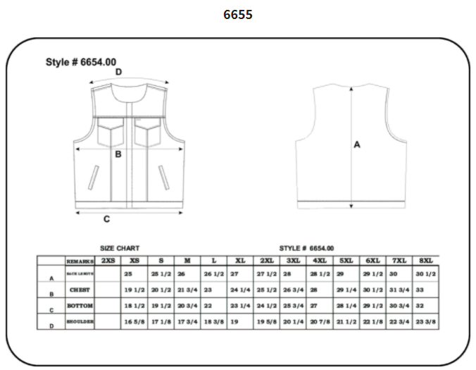 Size chart for men's leather motorcycle club vest.