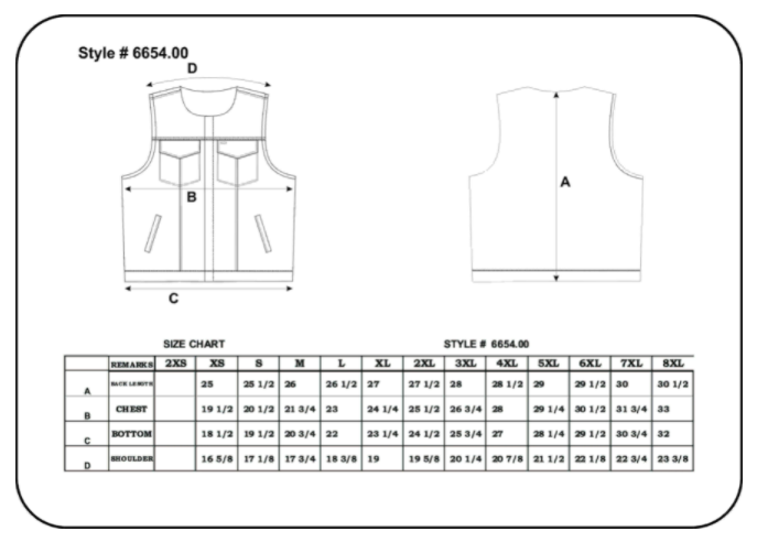 Size Chart for Black Paisley Men's Leather Club Motorcycle Vest