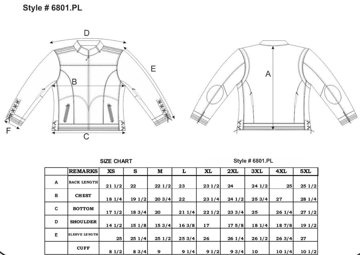 Size chart for women's leather racer motorcycle jacket.