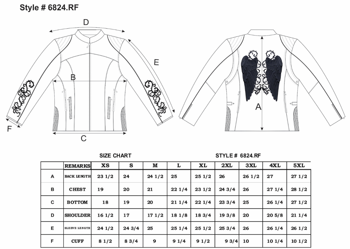 Size chart for women's leather motorcycle jacket with wings.