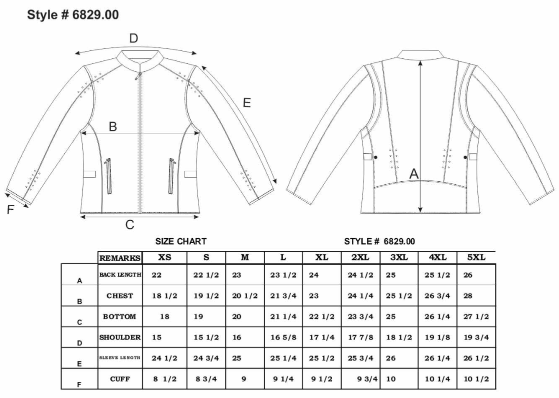 Size chart for women's leather motorcycle jacket.